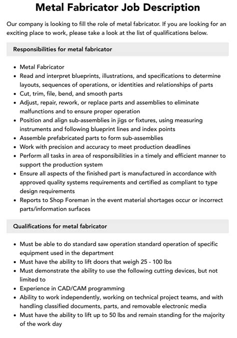 in metal fabricator|metal fabricator job description.